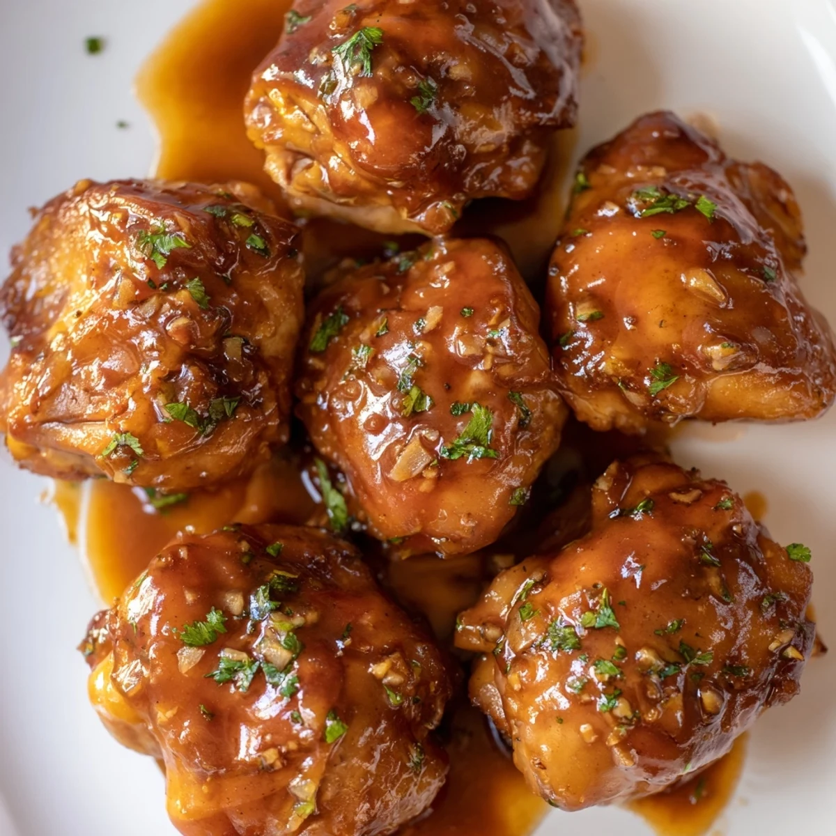 Golden brown chicken thighs coated in glossy sticky apple cider chicken sauce with fresh parsley garnish