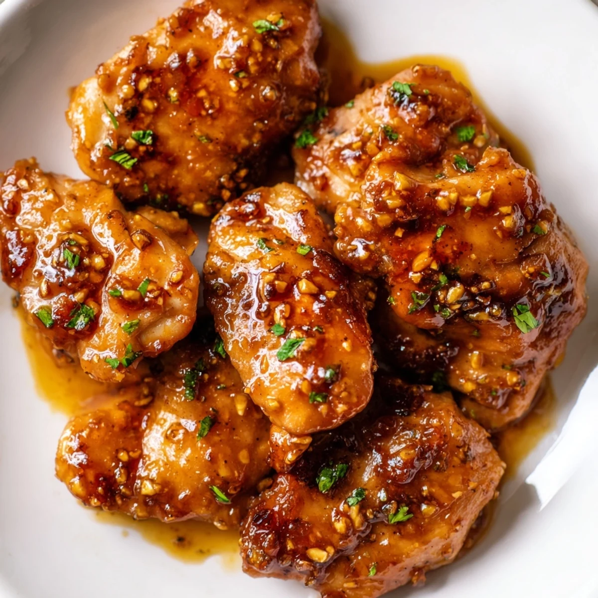 Tender chicken pieces simmered in sweet tangy apple cider reduction served on white platter