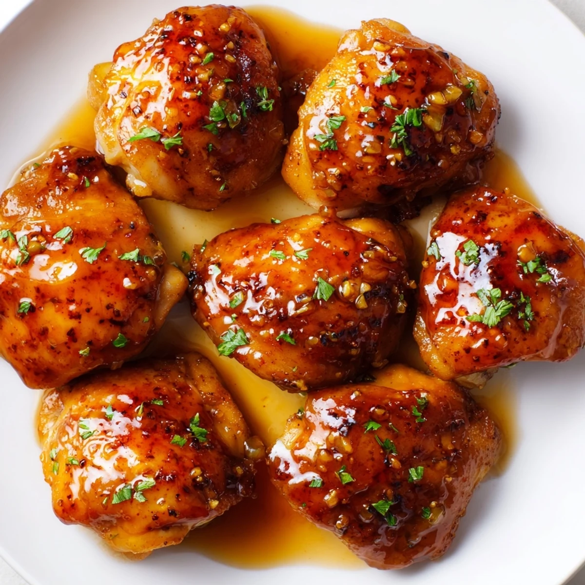 Savory sticky apple cider chicken with caramelized glaze spooned over perfectly cooked thighs