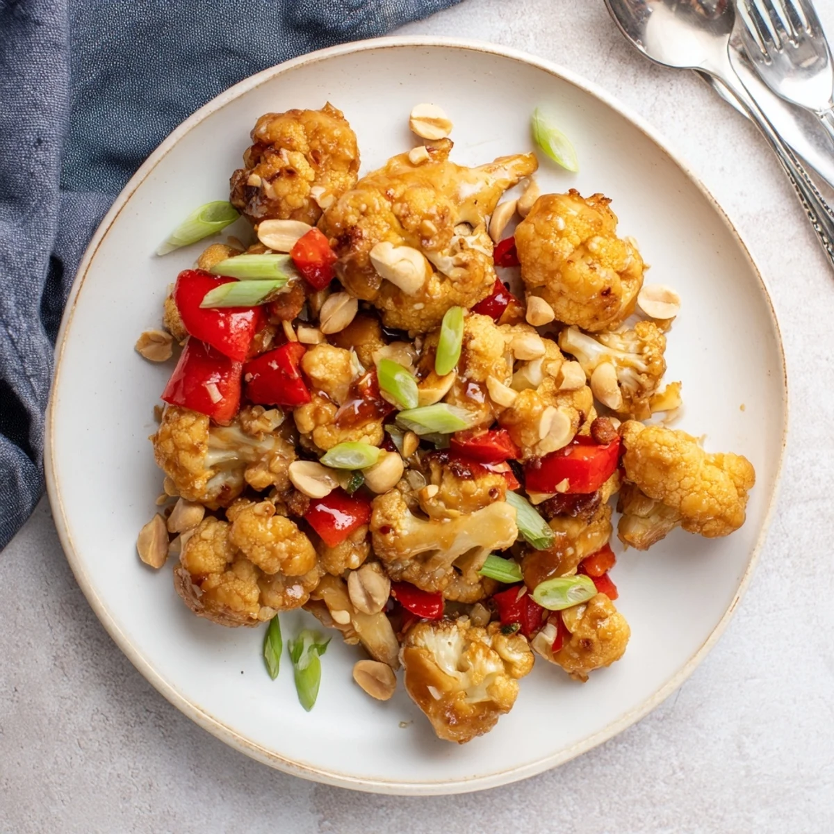 Crispy golden Kung Pao Cauliflower florets glazed in spicy tangy sauce with roasted peanuts