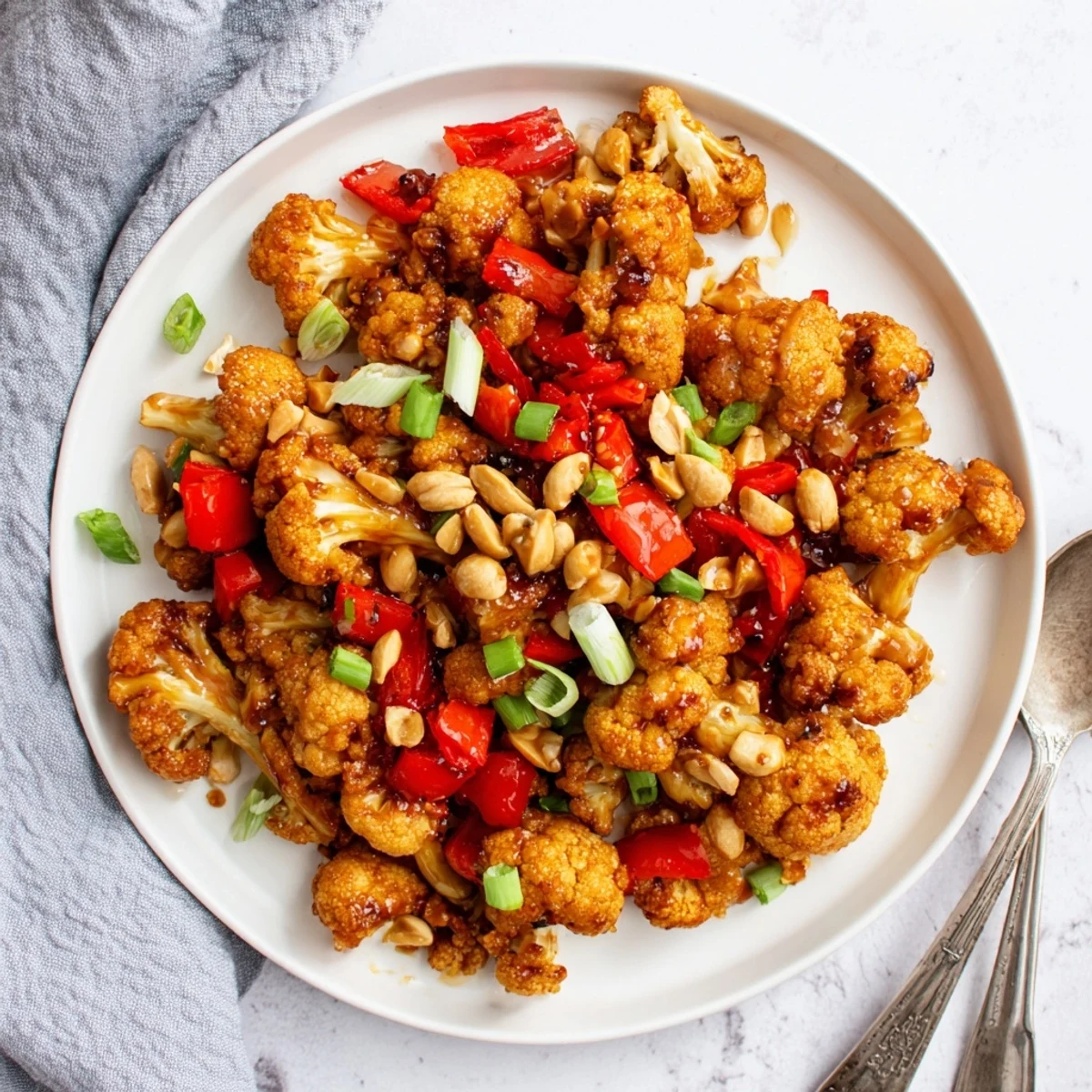 Vegan Kung Pao Cauliflower stir-fry with red bell pepper and crunchy roasted peanuts garnish