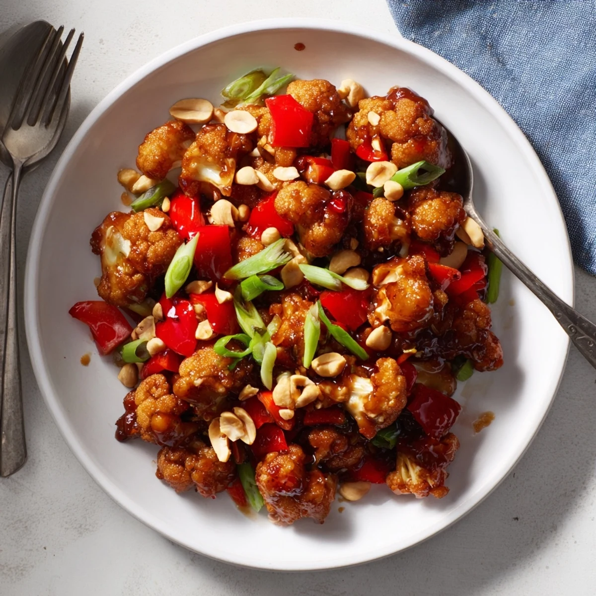 Golden roasted Kung Pao Cauliflower tossed in sweet spicy sauce with green onions and peanuts