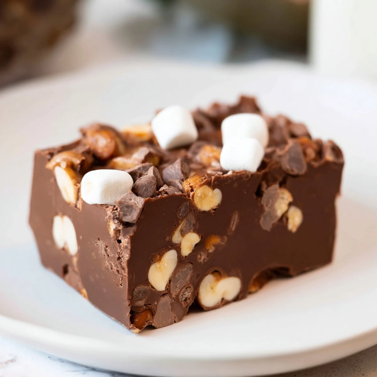 Square of easy rocky road fudge topped with melted marshmallows and scattered roasted peanuts on a white plate