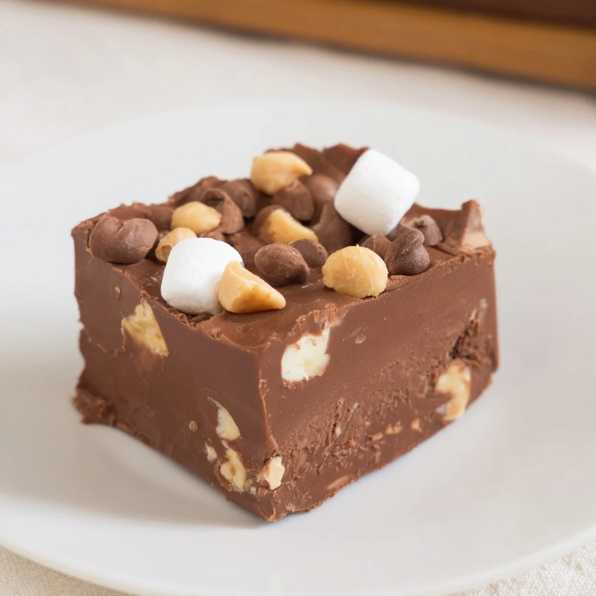 Homemade easy rocky road fudge displaying mini marshmallows and chocolate chunks in a rich chocolate fudge base