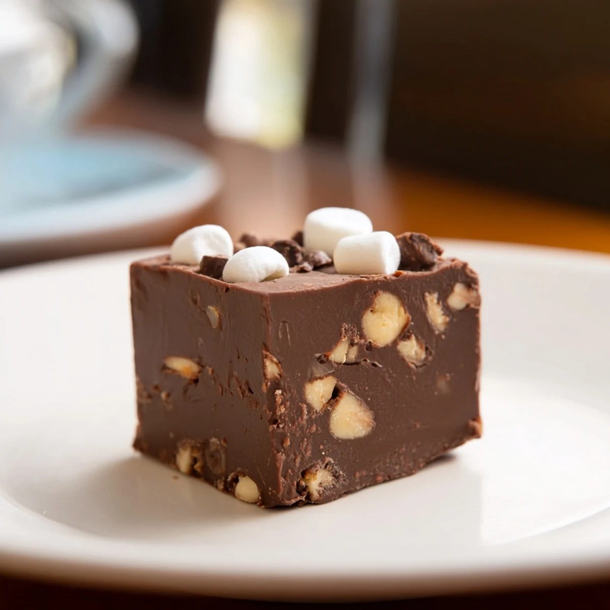Close-up of easy rocky road fudge showing gooey marshmallows, crunchy nuts, and swirled chocolate in a baking pan