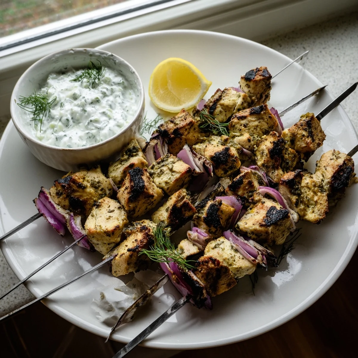 Golden Greek lemon chicken skewers grilled to perfection with charred edges and juicy marinated meat