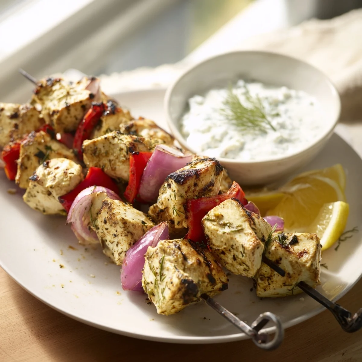 Tender Greek lemon chicken skewers arranged on a platter alongside creamy homemade tzatziki sauce and fresh herbs