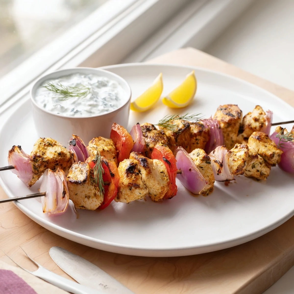 Grilled Greek lemon chicken skewers threaded with colorful bell peppers and served with refreshing cucumber yogurt sauce