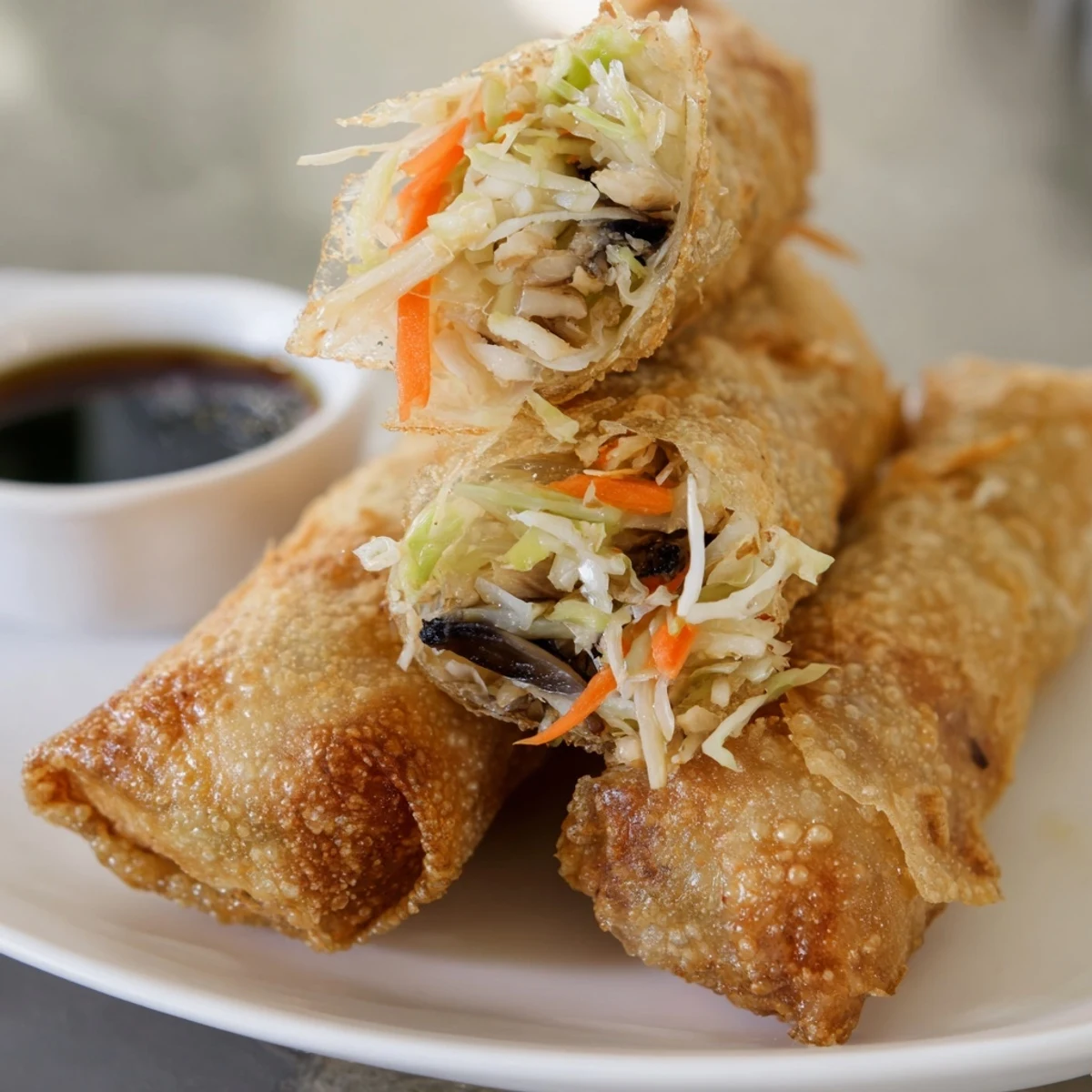 Plate of golden brown rice paper spring rolls showcasing crunchy texture and shredded vegetable filling