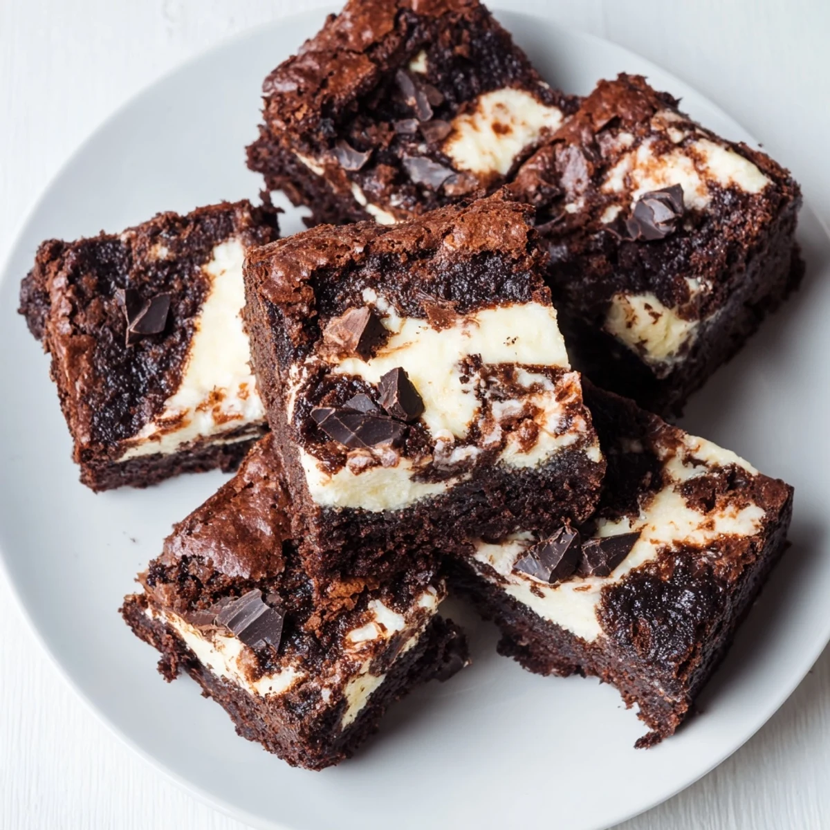 Decadent homemade cheesecake swirled brownies cut into squares with vanilla cream cheese ribbons