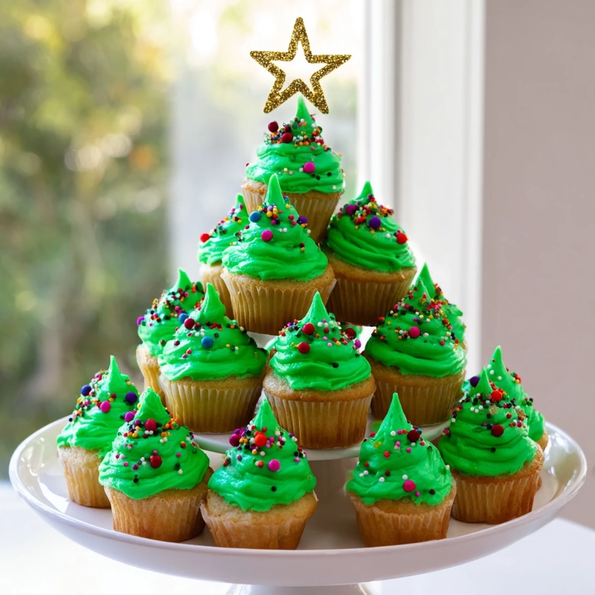 Festive cupcake Christmas tree arranged in triangular shape with green buttercream swirls and colorful sprinkles