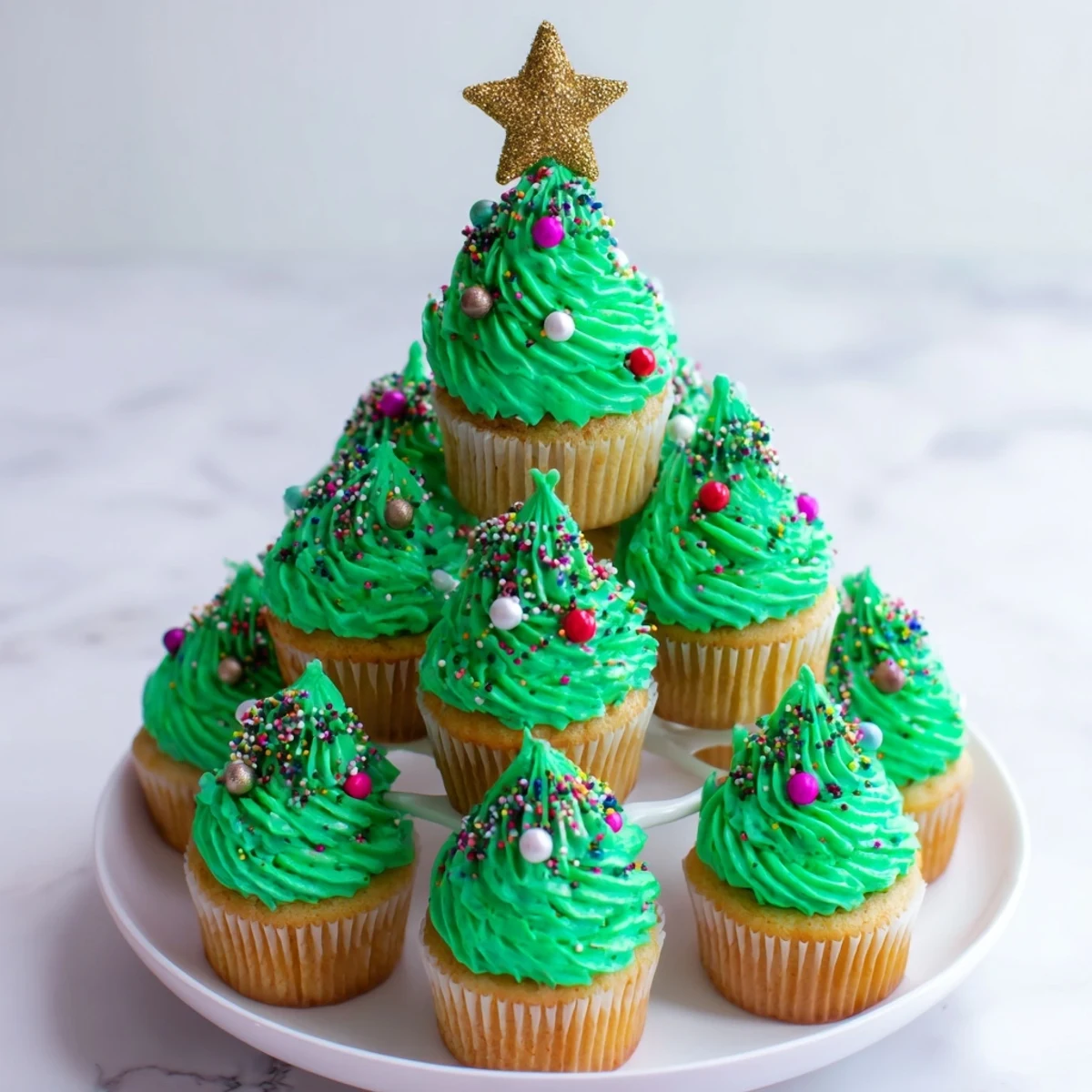 Green buttercream cupcakes decorated like ornaments forming a towering Christmas tree centerpiece for holiday parties
