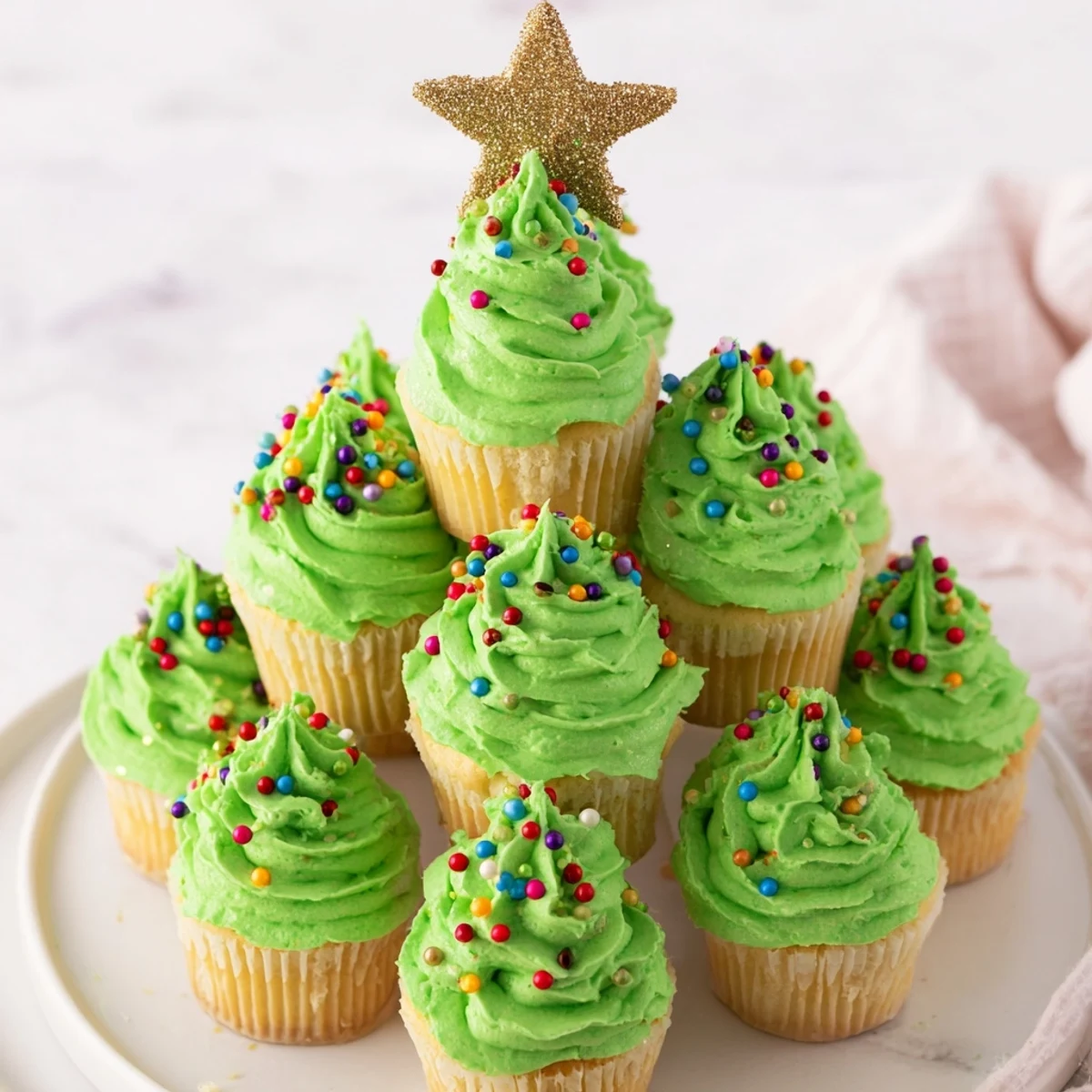 Holiday dessert tower displaying green frosted cupcakes stacked as a Christmas tree with golden star topper