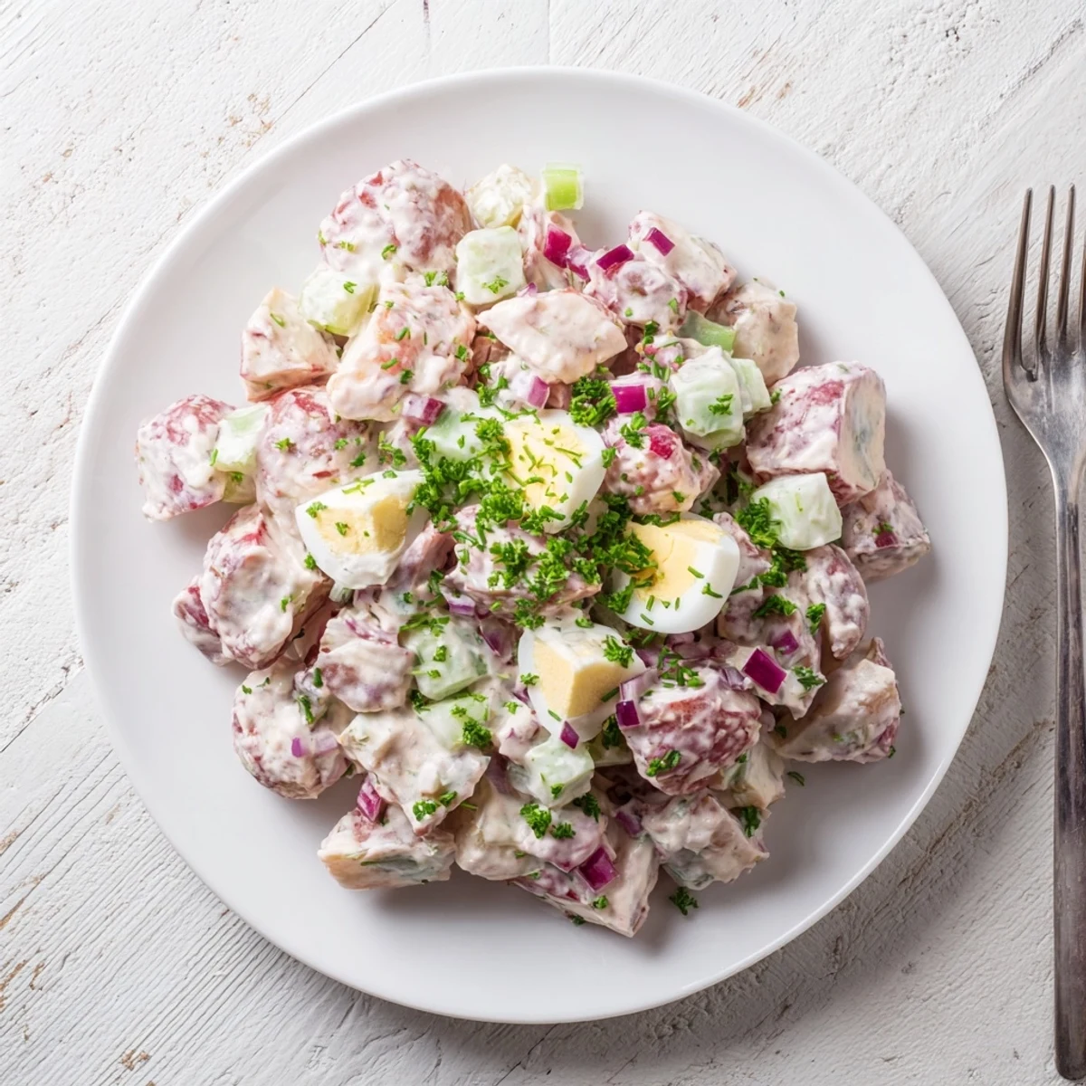 Tender cubed red potatoes tossed with tangy mustard dressing and crisp colorful vegetables for picnics