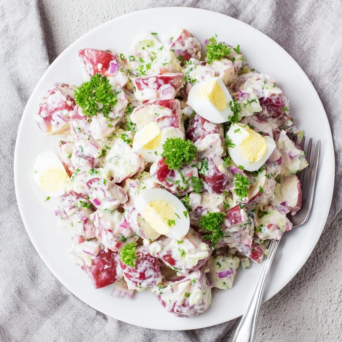Creamy red potato salad topped with fresh parsley and diced red onions in a serving bowl