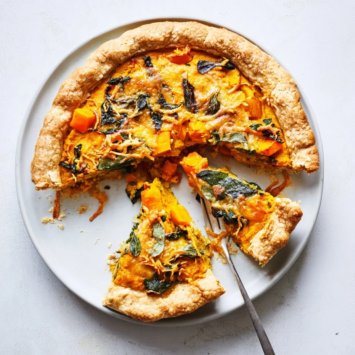 Golden-crusted Halloween pumpkin and butternut squash pie slices topped with fresh sage