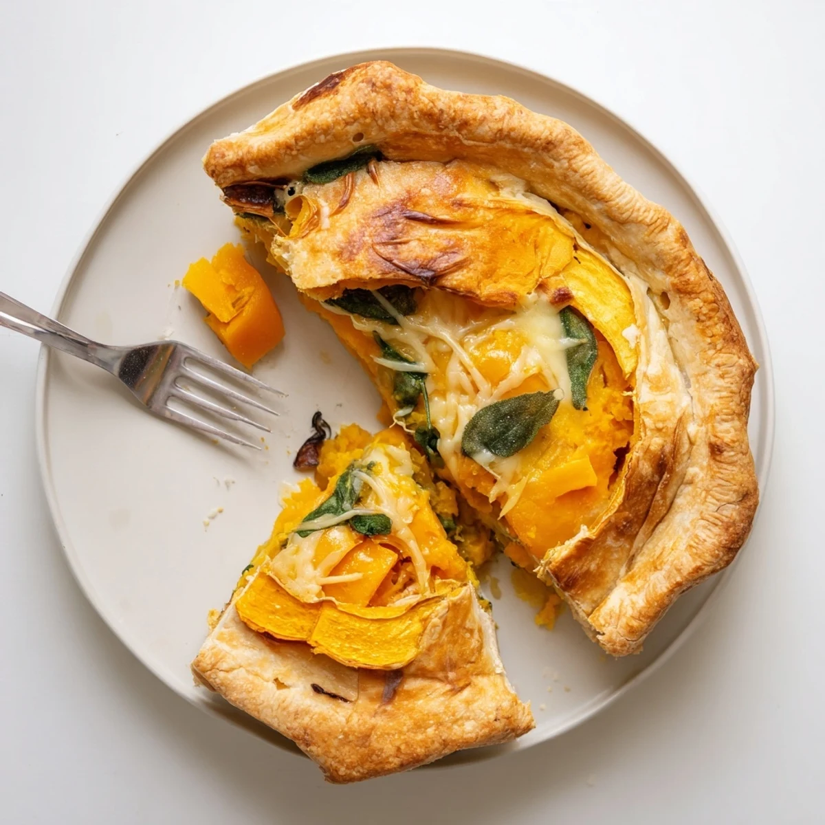 Savory autumn pie featuring roasted squash and melted gruyere on a rustic wooden board