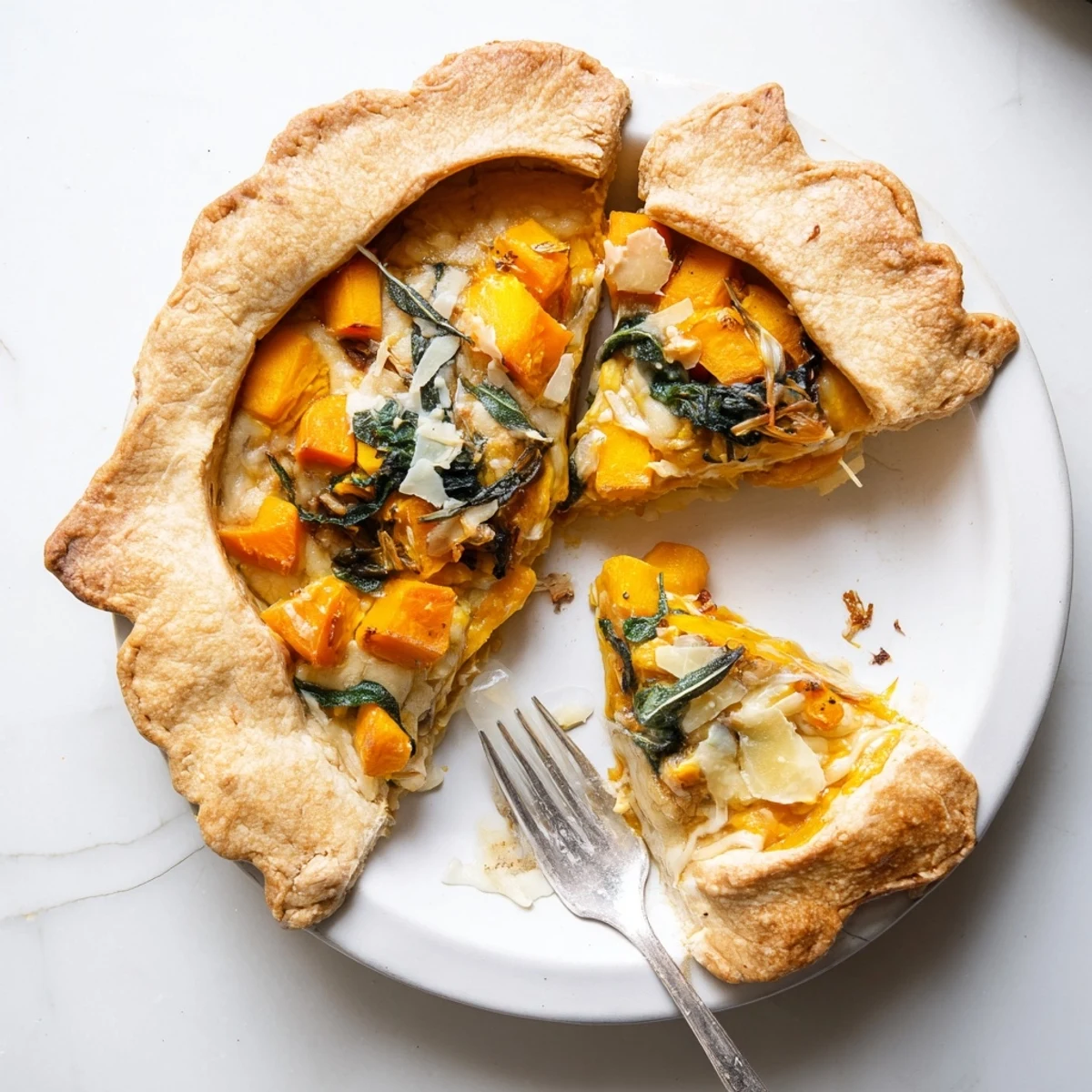 Whole vegetarian pumpkin butternut squash pie with flaky golden crust and speckled filling