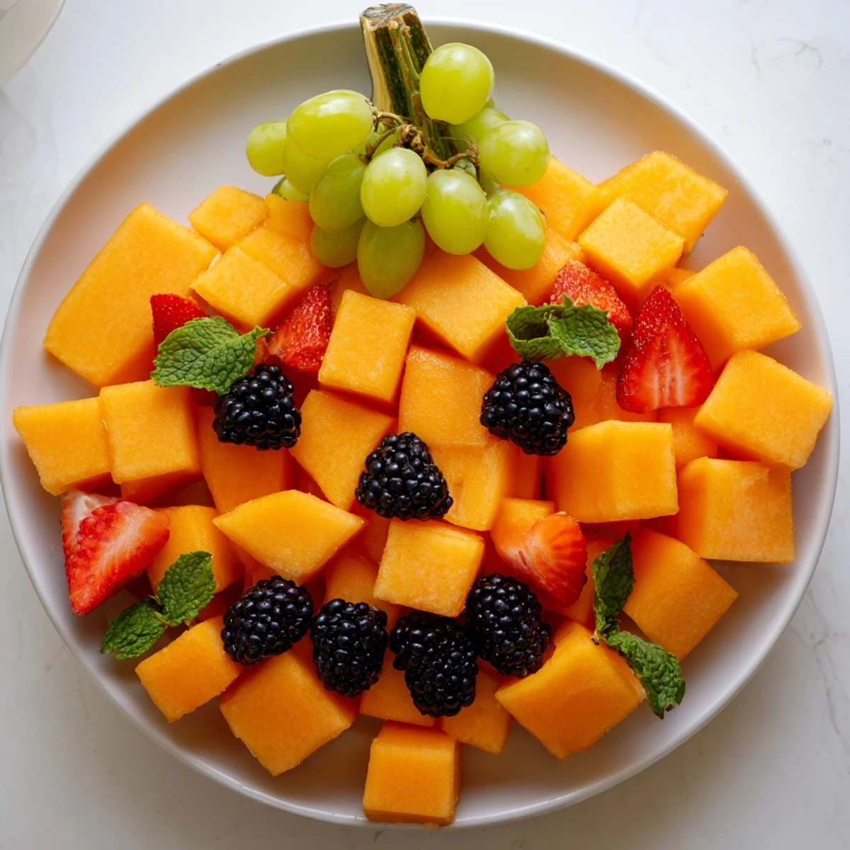 Festive pumpkin fruit tray Halloween platter arranged with fresh cantaloupe, grapes, and berries on a white serving board