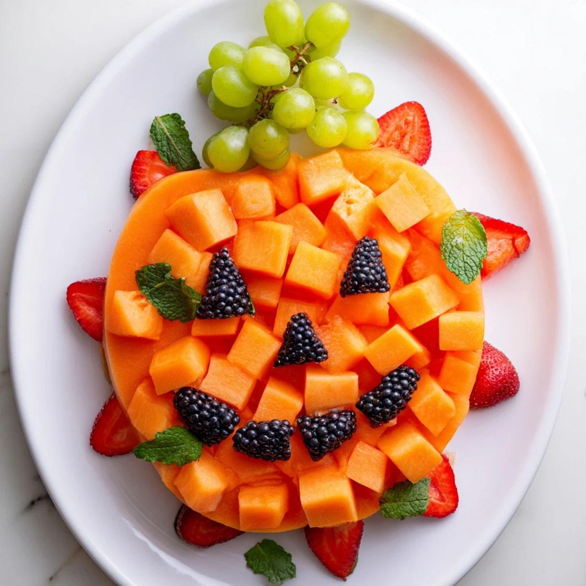 Healthy Halloween pumpkin fruit tray platter displaying carved jack-o-lantern face made from colorful fresh fruit pieces