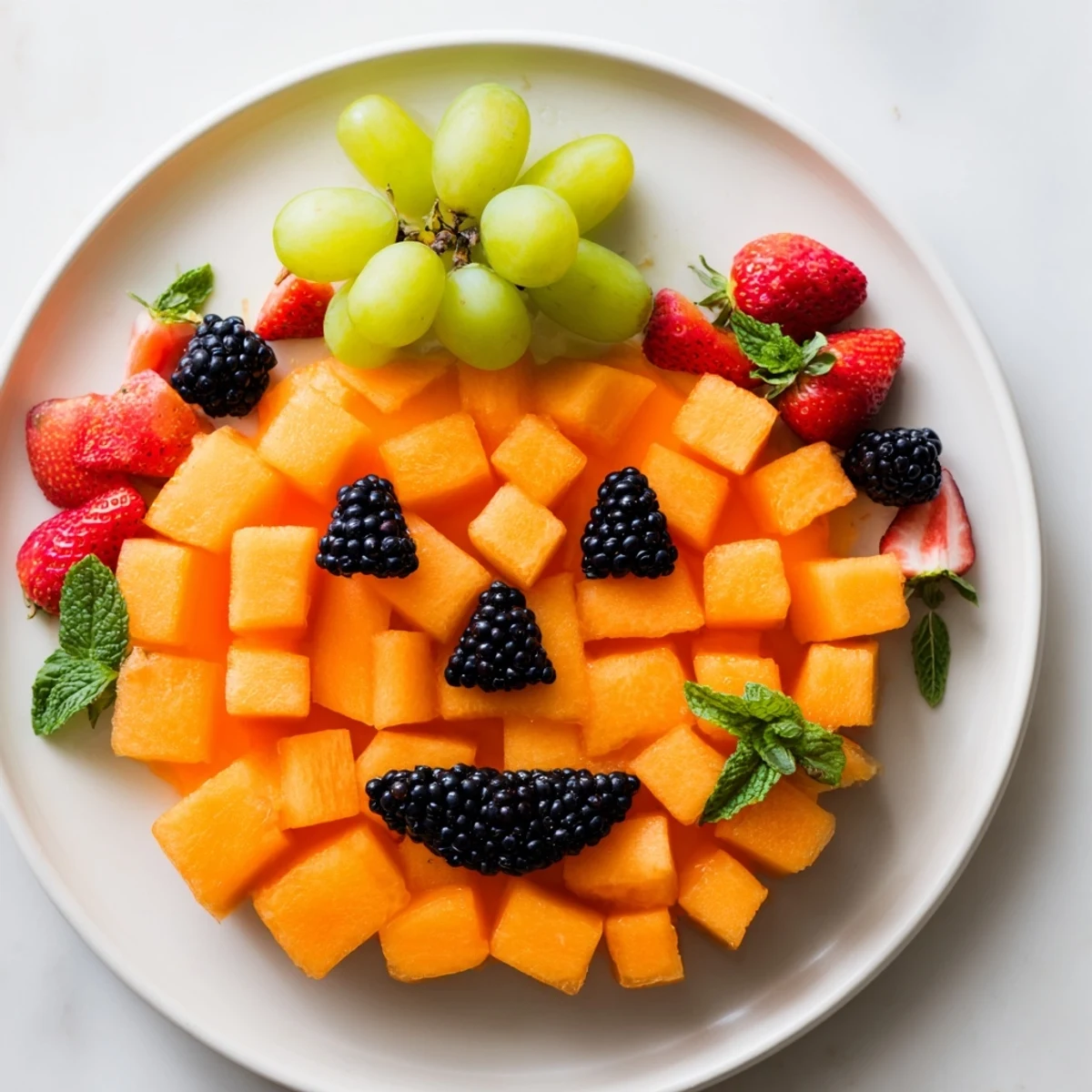 Vibrant pumpkin fruit tray Halloween platter featuring orange cantaloupe body with blackberry eyes and green grape stem