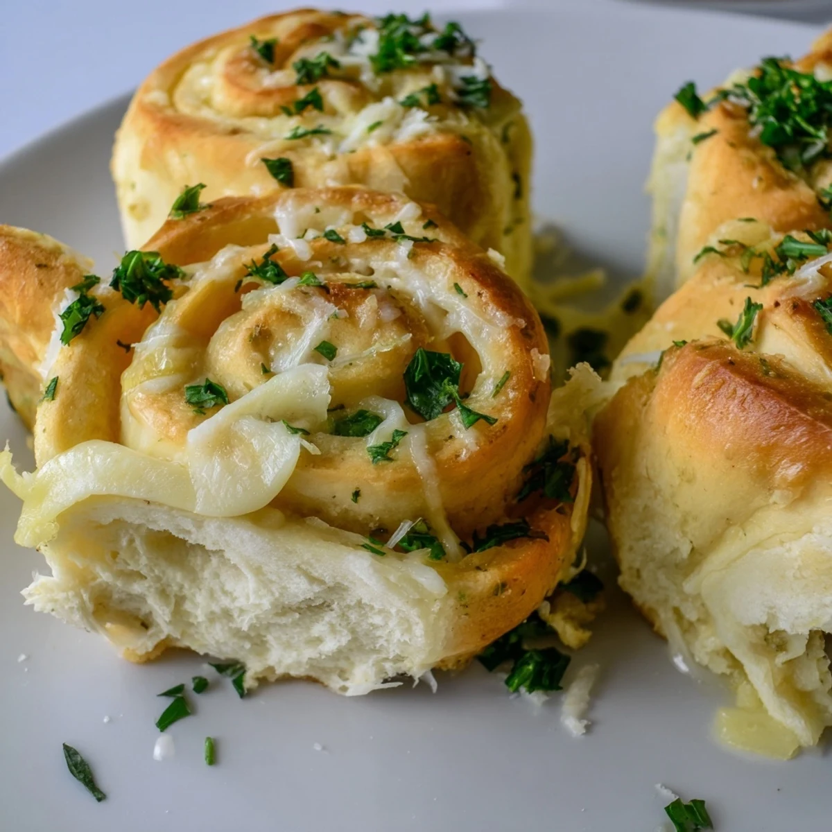 Fluffy homemade rolls swirled with garlic butter and oozing mozzarella and Parmesan cheese