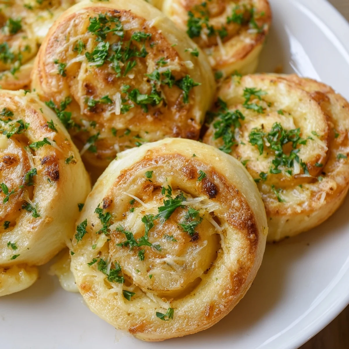 Soft warm garlic cheese rolls brushed with butter and sprinkled with fresh parsley