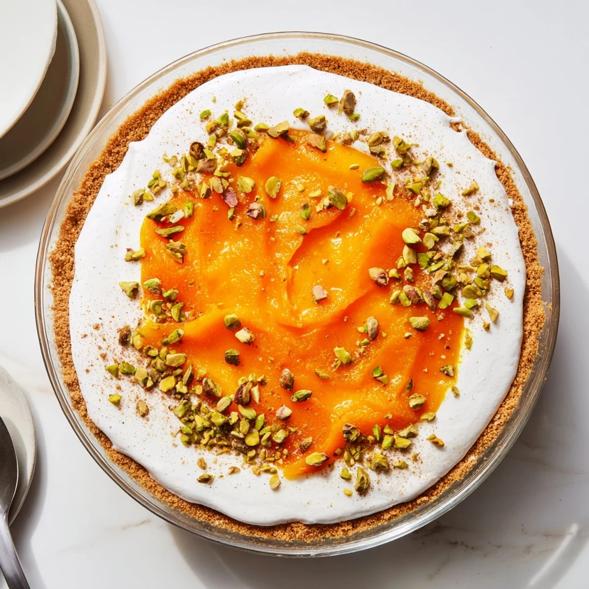 Creamy no-bake persimmon cheesecake in a glass topped with vibrant orange persimmon puree and chopped pistachios
