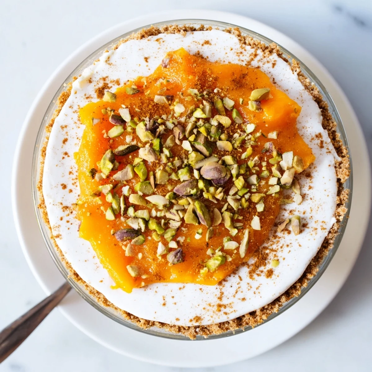 Layered persimmon cheesecake dessert served in clear glasses showing graham cracker crust, cheesecake filling, and fresh persimmon topping