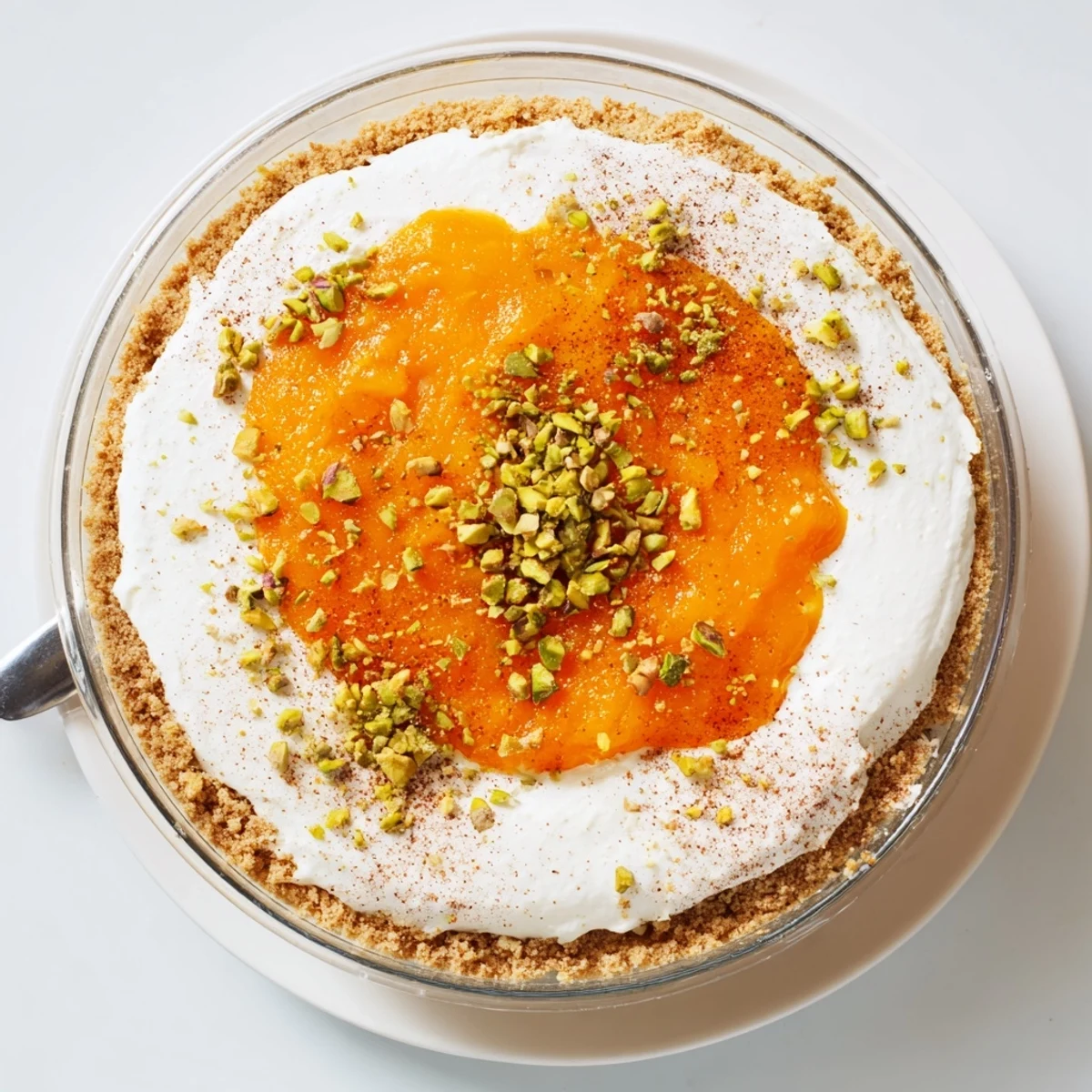 Vegan persimmon cheesecake in a glass featuring sweet persimmon compote over dairy-free cream cheese layer with crunchy nut garnish