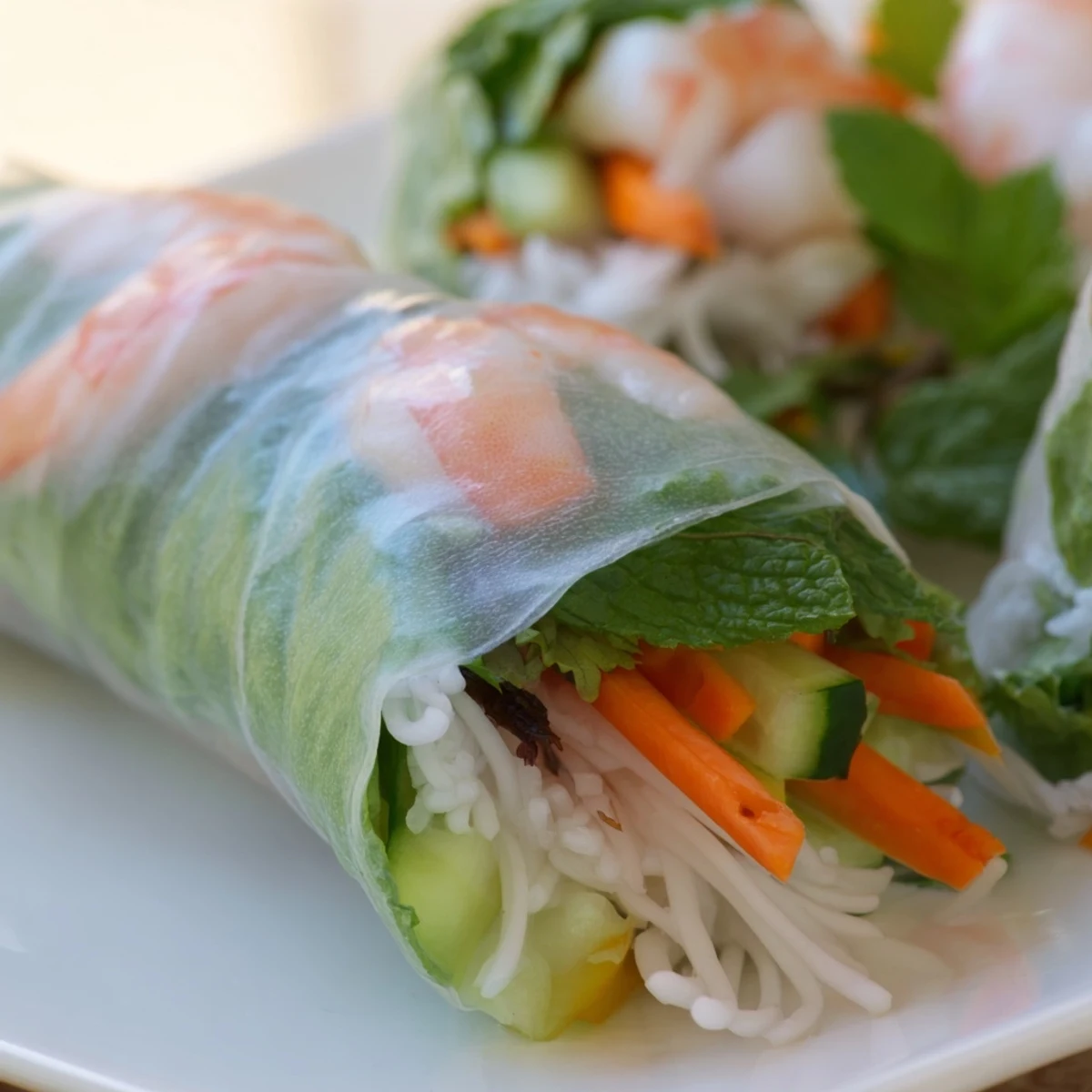Fresh spring rolls with peanut sauce featuring translucent rice paper, vibrant vegetables, and pink shrimp on a white serving plate