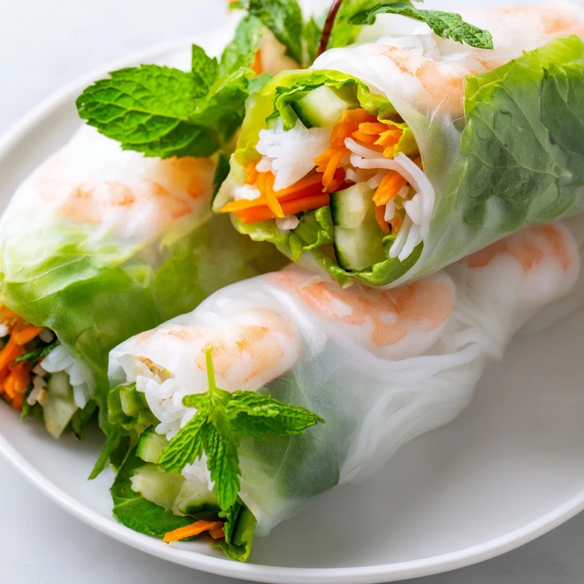 Homemade fresh spring rolls with peanut sauce arranged on a platter alongside a bowl of creamy dipping sauce and fresh mint