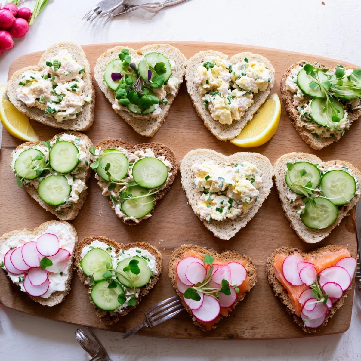 Elegant heart shaped tea sandwich board featuring cucumber, egg salad, and smoked salmon varieties garnished with fresh radishes and microgreens