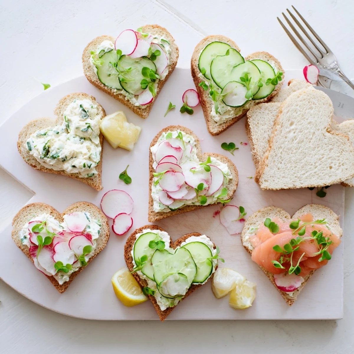 Romantic wooden board displaying assorted heart shaped tea sandwiches with cream cheese dill spread, topped with colorful edible flowers and lemon wedges