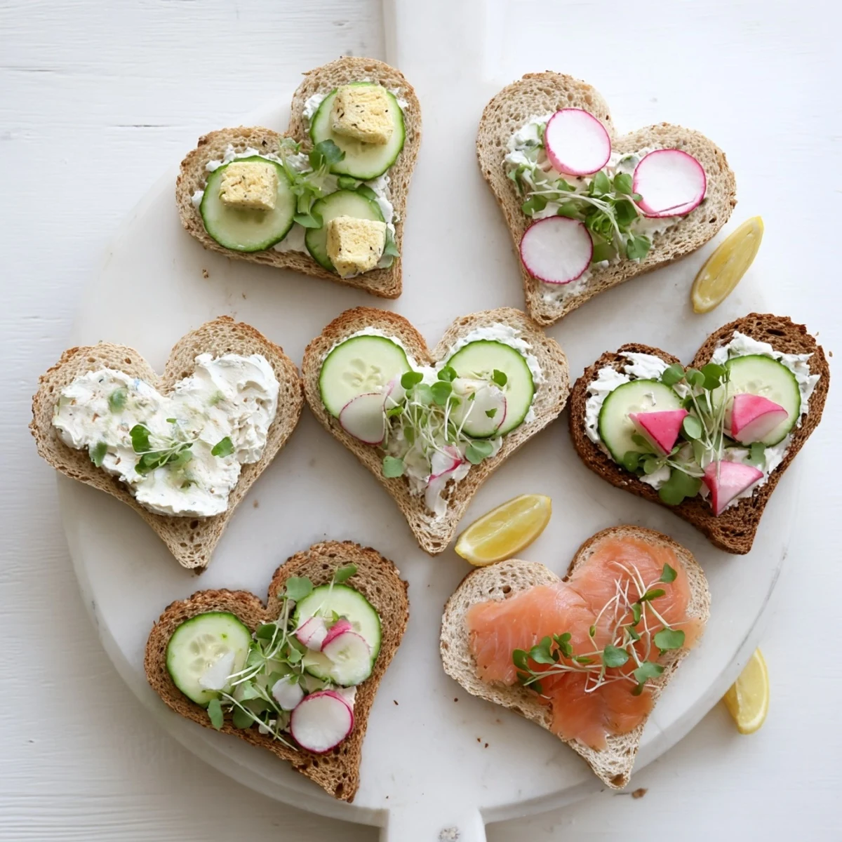 Beautiful arrangement of heart shaped tea sandwiches in white and wheat bread, layered with herbed butter and delicate smoked salmon for afternoon tea serving