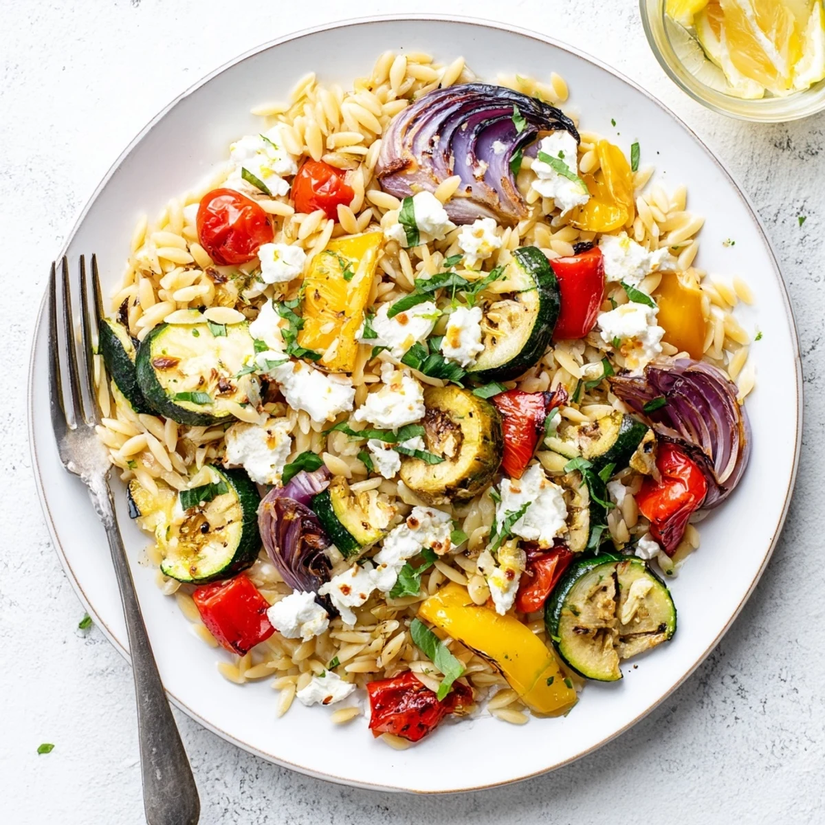 Colorful roasted vegetable orzo pasta with zucchini peppers and fresh feta cheese topping