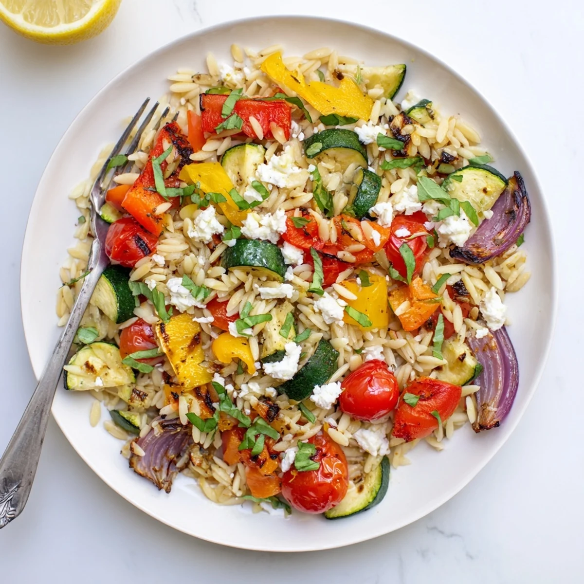 Tasty roasted vegetable orzo dish featuring tender Mediterranean vegetables and lemon herb garnish