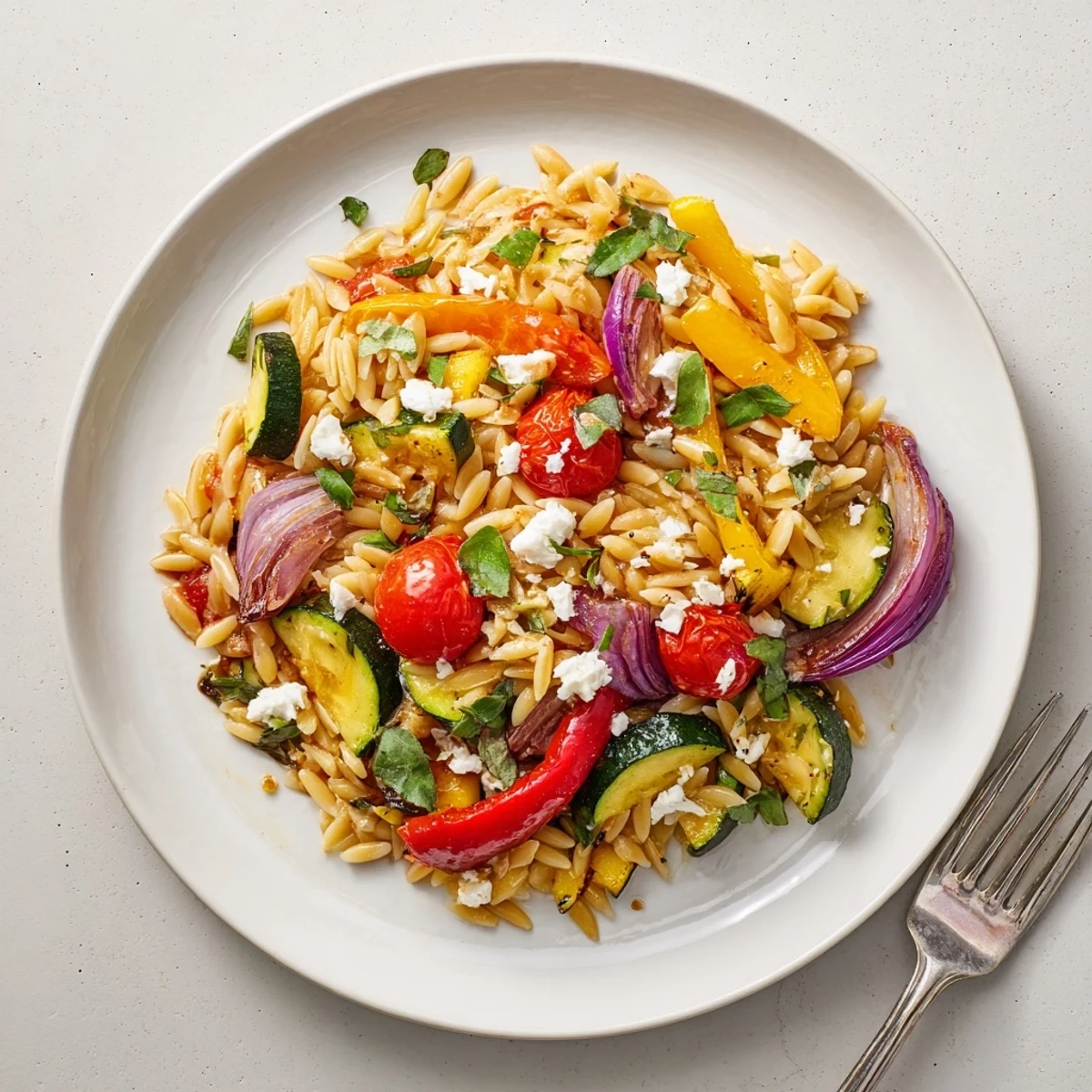 Golden orzo pasta tossed with roasted zucchini bell peppers and crumbled white feta