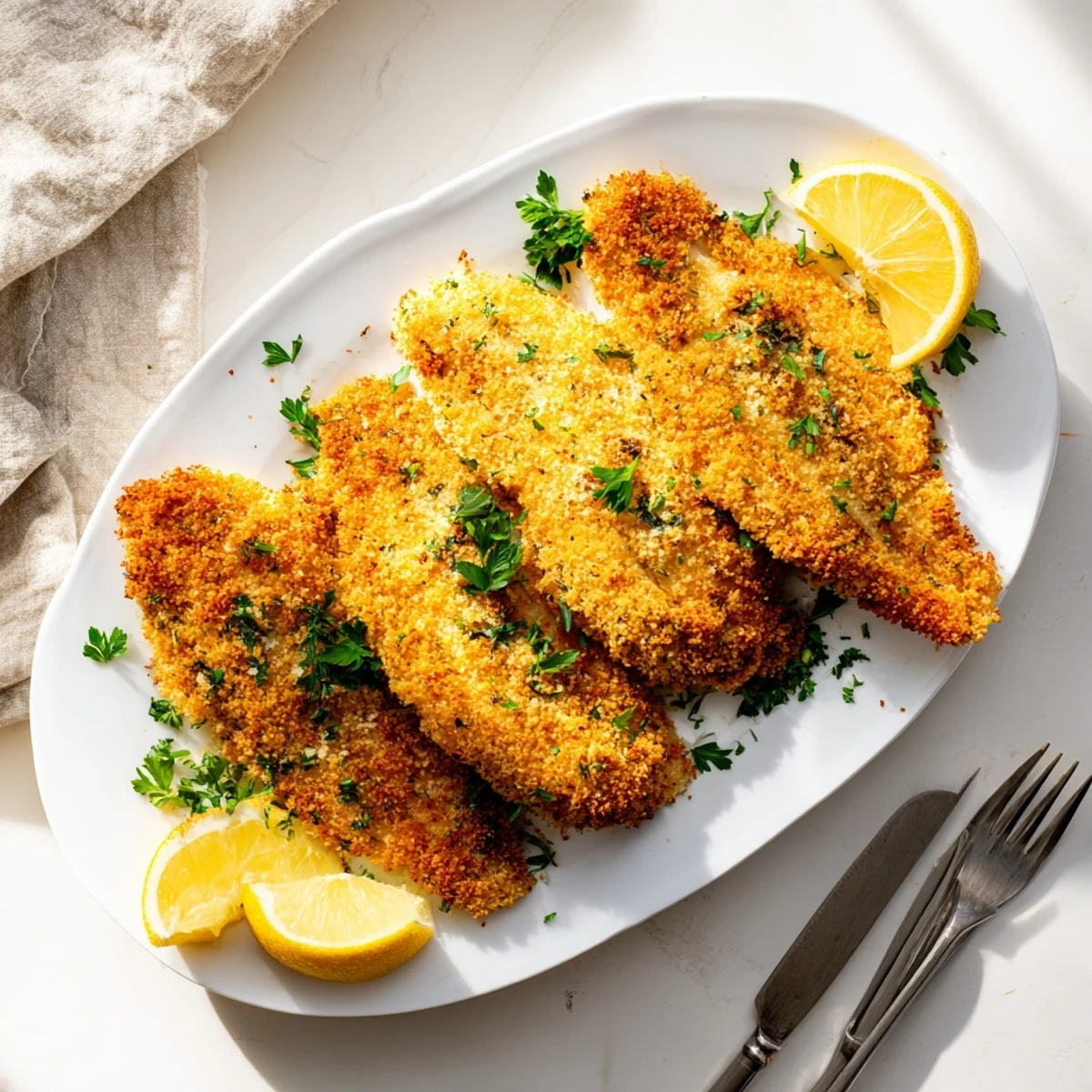 Golden air fryer tilapia with crispy panko parmesan crust served with fresh lemon wedges