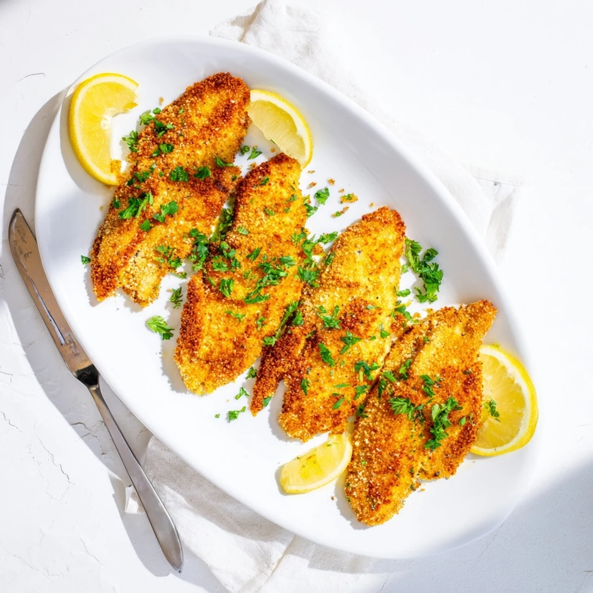 Breaded tilapia fillets air fried until perfectly crunchy with parsley garnish on white plate
