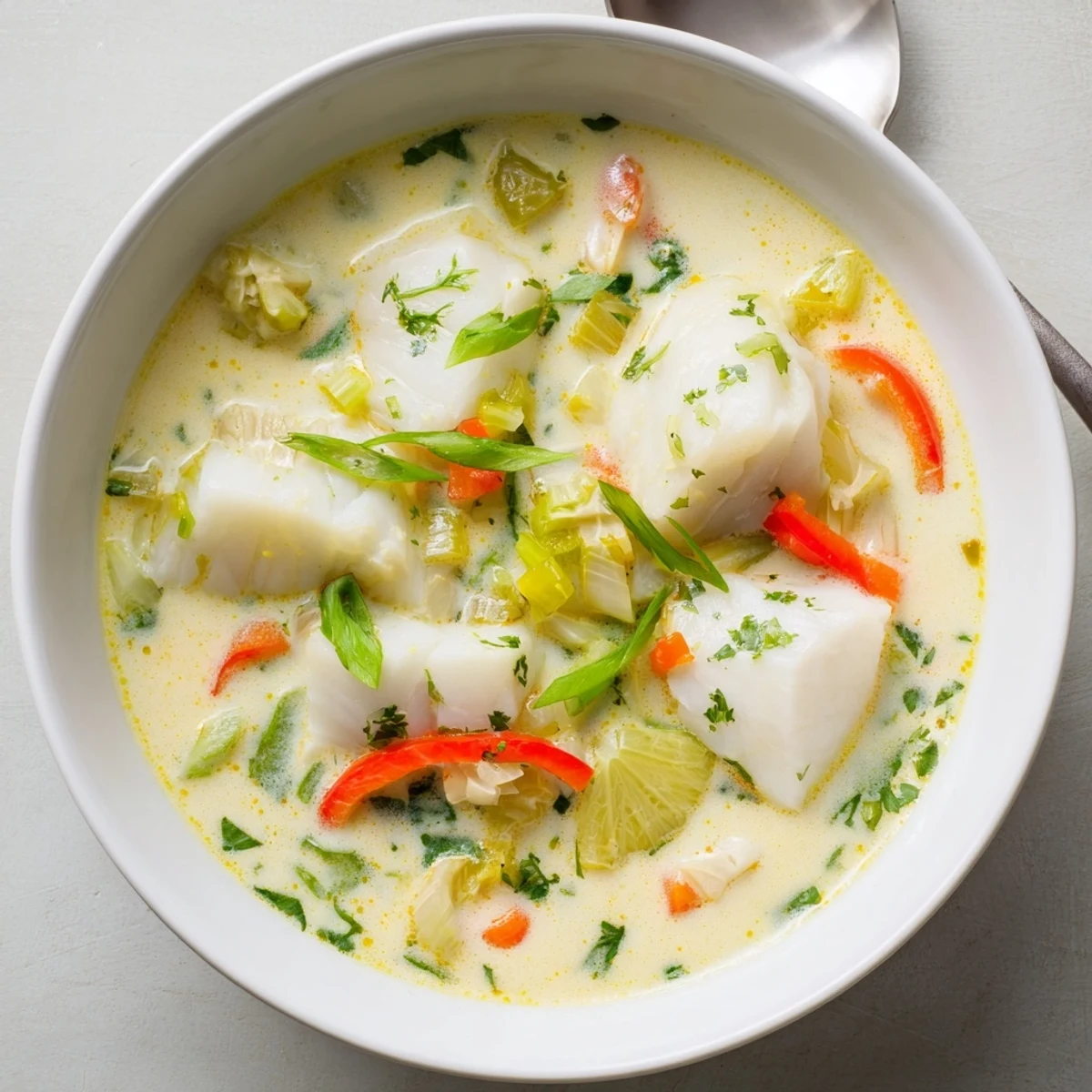 Creamy coconut lime fish soup garnished with fresh cilantro and green onions in a white bowl