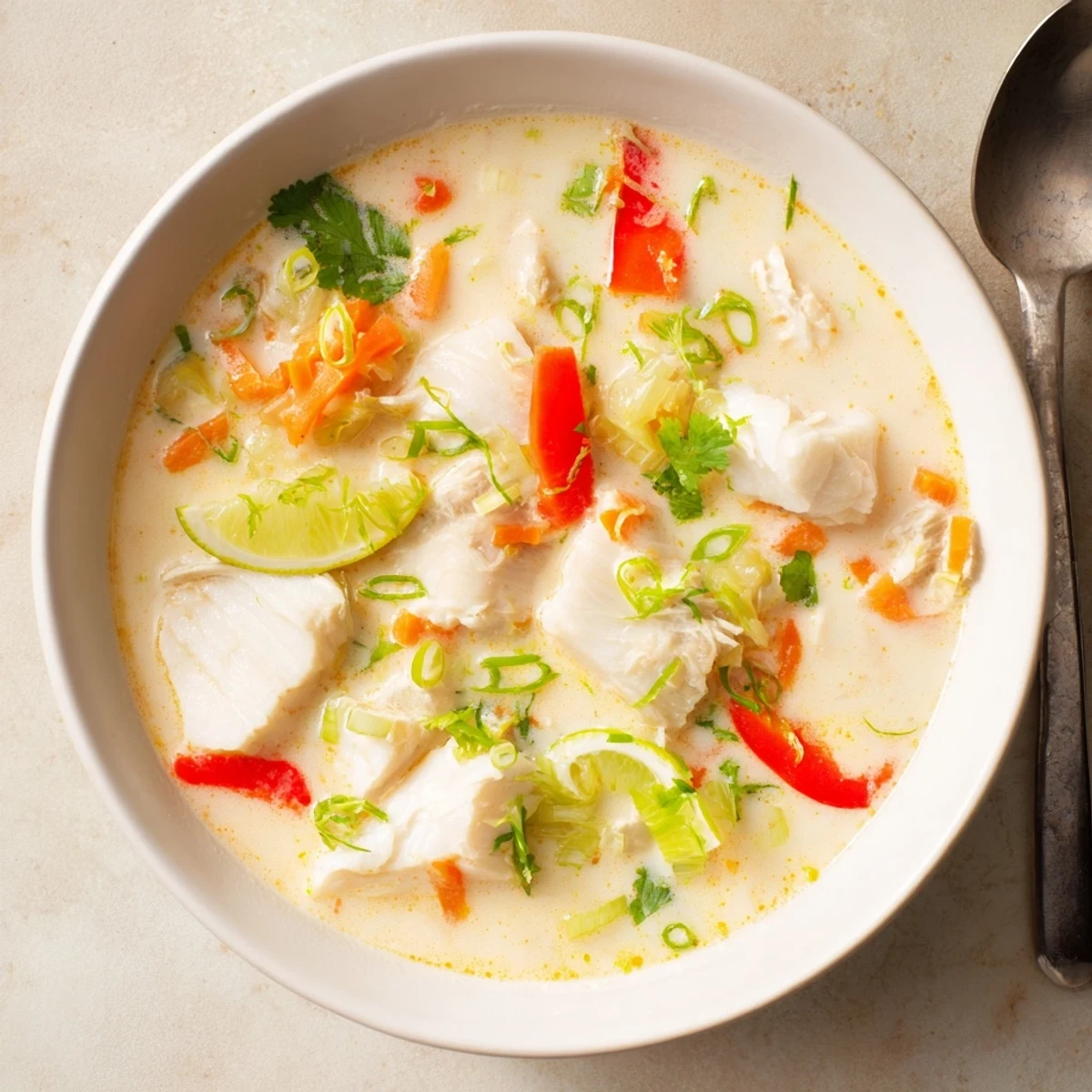 Steaming bowl of coconut lime fish soup with tender white fish pieces and colorful vegetables