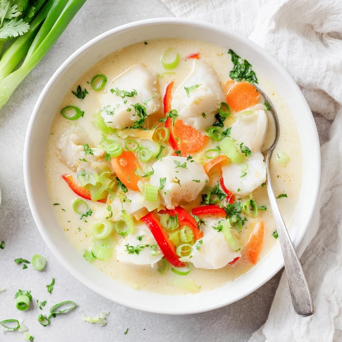 Savory Southeast Asian-inspired fish soup featuring coconut milk, lime zest, and red bell pepper slices
