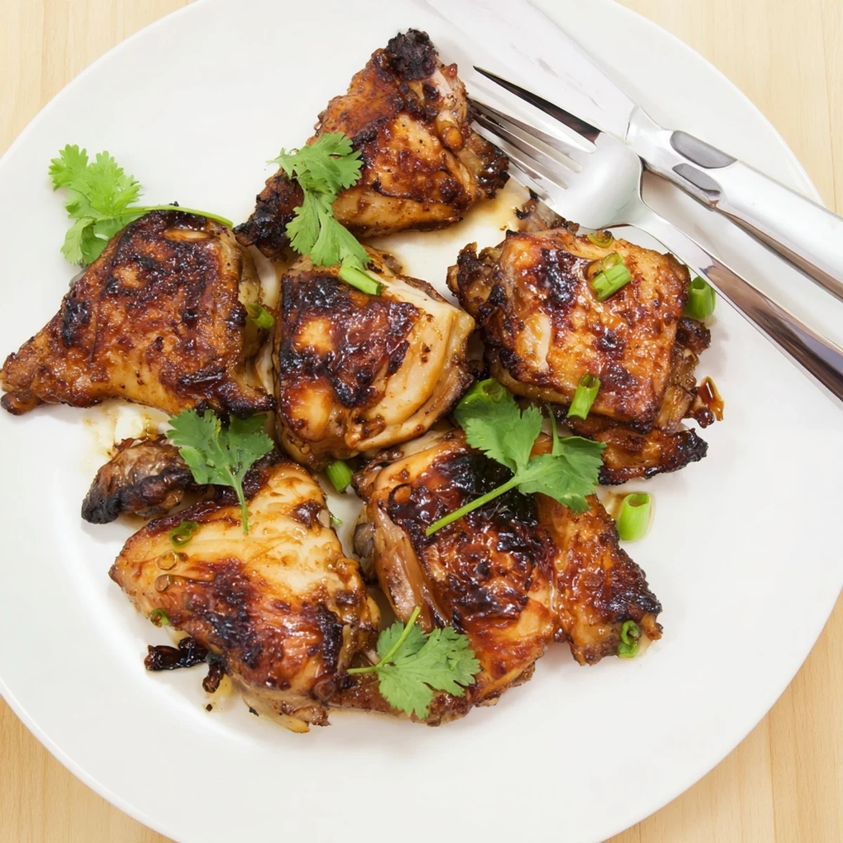Baked Indonesian Ginger Chicken pieces arranged on a platter with dark pan juices and fresh cilantro