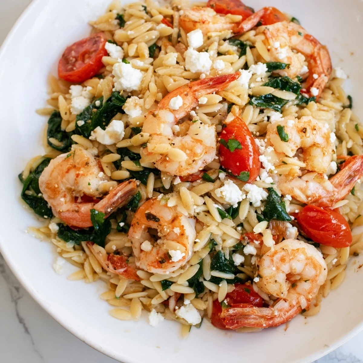 Golden seared shrimp nestled in lemon feta orzo with vibrant spinach and cherry tomatoes