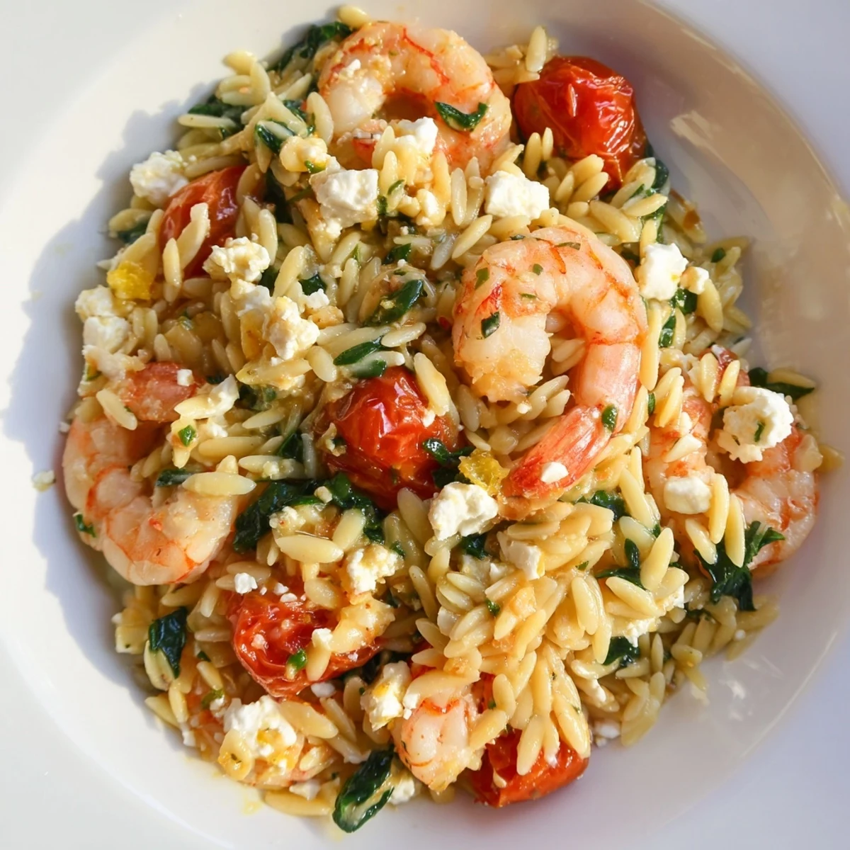 Creamy lemon feta orzo topped with pink shrimp and fresh parsley in a white bowl