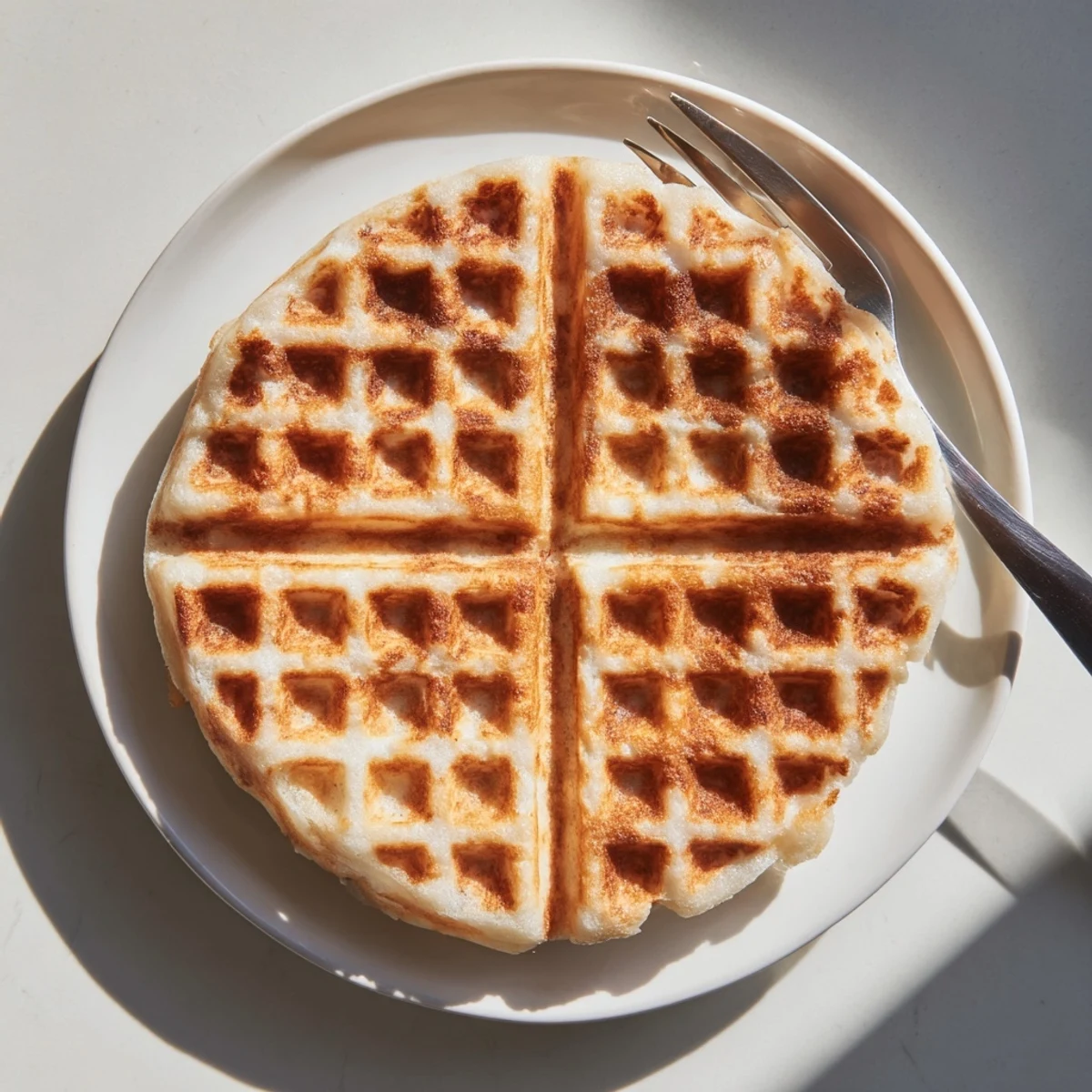 Golden crispy waffle iron hashbrowns with deep brown grid marks on a white plate