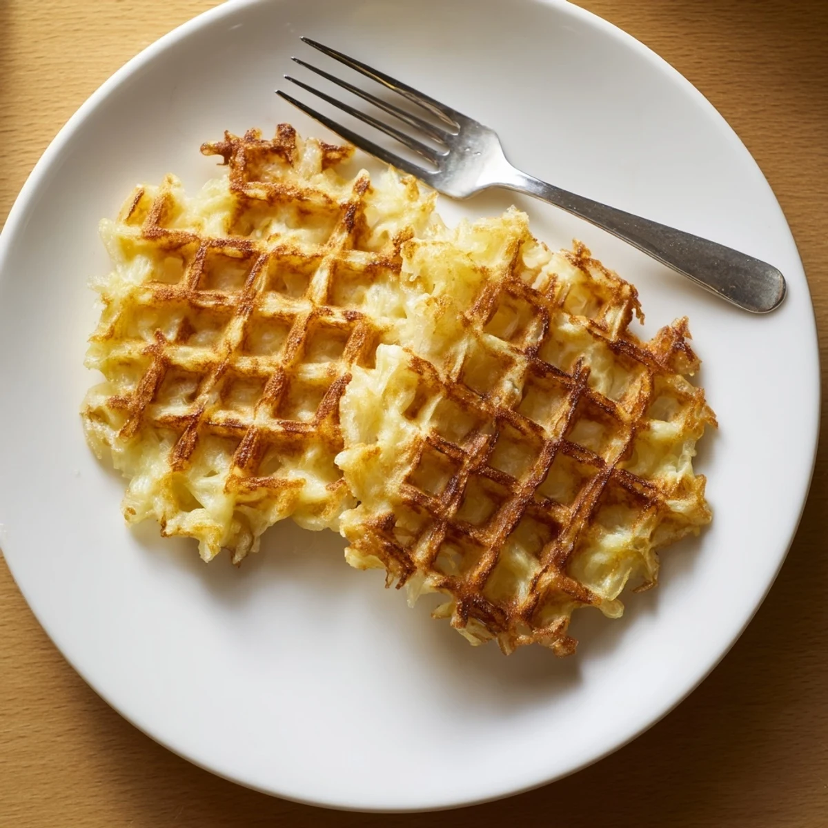 Fluffy American breakfast featuring waffle iron hashbrowns served with ketchup and fresh parsley garnish