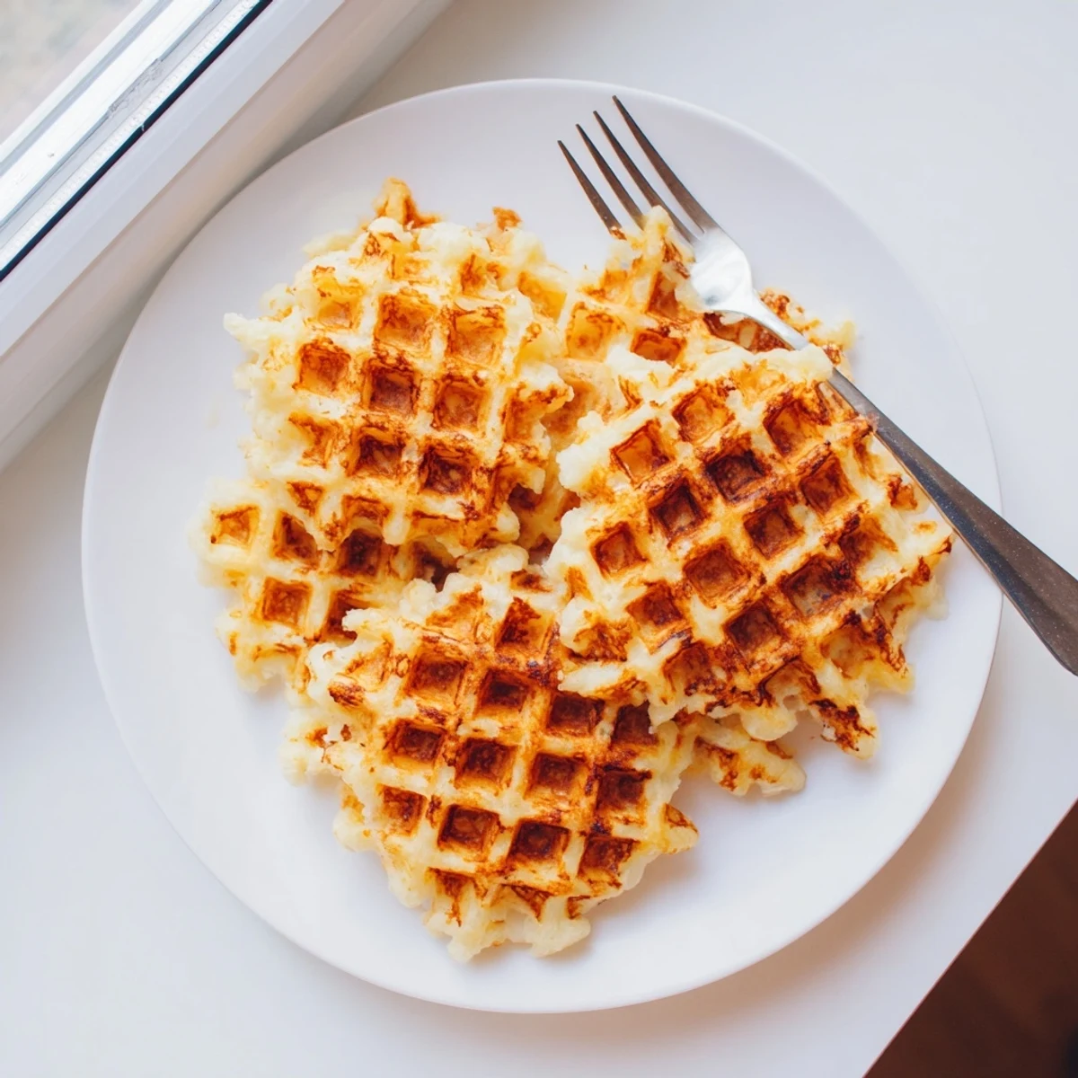 Close-up of crispy waffle iron hashbrowns showing golden texture and perfect waffle pattern ridges