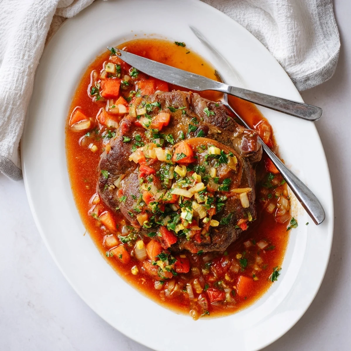 Golden brown Osso Buco veal shanks braised in rich tomato wine sauce with fresh gremolata topping